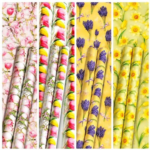 Geschenkpapier Blumen Set – 8 Rollen Geschenkpapier 69 cm x 1 m – Florales Geschenkpapier mit Tulpen, Narzissen & Lavendel – Frühlings Geschenkpapier für Geburtstag, Muttertag, Hochzeit & Ostern