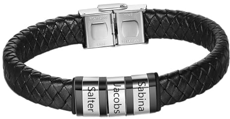 Bosajewel Personalisiertes Lederarmband für Herren Silber Name Perlen Charm Armbänder Verschluss mit Magneten Graviert 3 Name ID Herren Schmuck Armband für Vater Freund