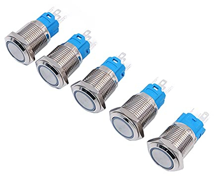 Hsthe Sea 5 PCS Interruttore a pulsante a scatto in metallo da 16 mm, interruttore impermeabile rotondo autobloccante a 4 pin con luce LED blu per auto RV camion barca marina