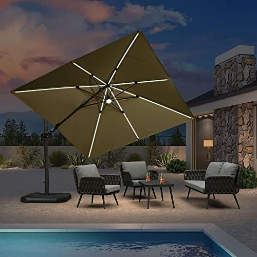 PURPLE LEAF 3 X 3 M Garden Cantilever Parasol, LED Swivel Square Patio Umbrella with Crank Handle and Tilt for Balcony and Outdoor, Begie