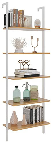 SogesHome Scaffale a Scala, Libreria a 5 Ripiani, Mensola da Cucina, ripiano multifunzione, 60 x 180 cm, per Soggiorno, Cucina, Ufficio, bianco e quercia