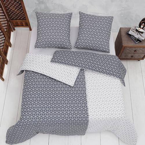 Vency Bettwäsche 135x200 4-Teilig Grau - Oeko-TEX 80% Baumwolle & 20% Polyester, 2X Bettbezug Reißverschluss + 2X Kissenbezug 80x80 Reißverschluss, Puzzle Modell