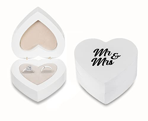 Strova Wood Ring Box for Wedding Ceremony and Engagement – Heart Shaped Ring Bearer Box with Protective Ring Cushions and Magnetic Closure