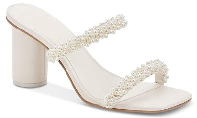 Guayonng Womens Chunky Heeled Sandals Pearl Strappy Open Square Toe Slip-on Block Heels Backless Mules Shoes, White, 6 UK