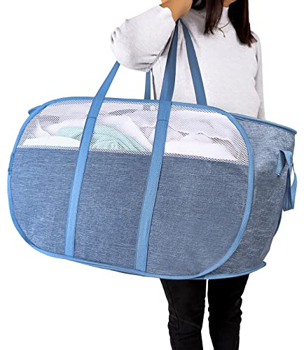 Pop Up Laundry Hamper,with Durable Handles collapsible laundry basket,Easy to Open and Fold for college Dorm,kids room,travel (Blue)…