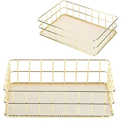 Goldfarbenes Eisen Aufbewahrungskorb,Langlebiger Aufbewahrungskorb aus Metall Hollow Desk Organizer Mehrzweck-Speicher-Korb Bad/Haus/Büro (L)