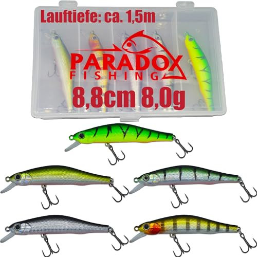Paradox Fishing Wobbler Set I 5 Stück 8,0g 8,8cm mit Box I Hechtköder Zanderköder Barschköder