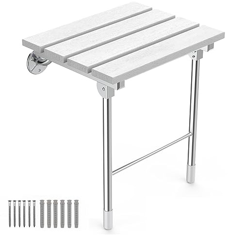 UrEscort Folding Shower Seat, Wall Mounted Bathroom Safety Stool Chair with Support Legs, Foldable Wall Wood Shower Bench for Seniors (White)