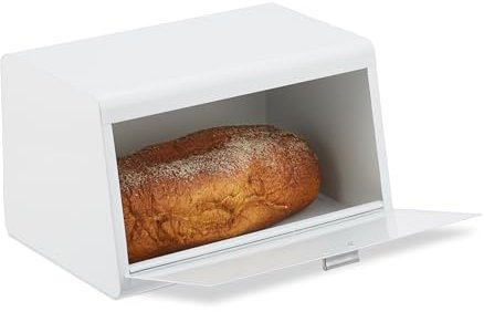 Relaxdays Cassetta Portapane in Acciaio, Contenitore Porta Pane e Biscotti, Salvafreschezza, 20,5x34,5x23,5 cm, Bianco