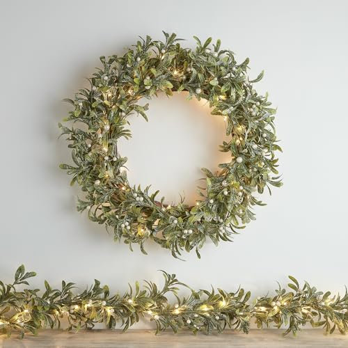 Lights4fun Set Mistelzweig Girlande und Kranz Beleuchtet Timer Weihnachtsdeko Weihnachtsgirlande Mistelzweig Weihnachtskranz beleuchtet