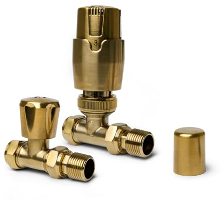 Gold Straight Thermostatic Radiator Valves TRV Modern Radiator Valves 15mm x 1/2 (Set of 2) for Heated Towel Rails & Central Heating Radiators Radiator Valve Set