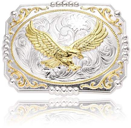 KOORASY Western-Gürtelschnalle für Herren, große Gürtelschnallen mit Gravur Golden Soaring Eagle, große Gürtelschnalle für Cowboy Rodeo, silber, Large
