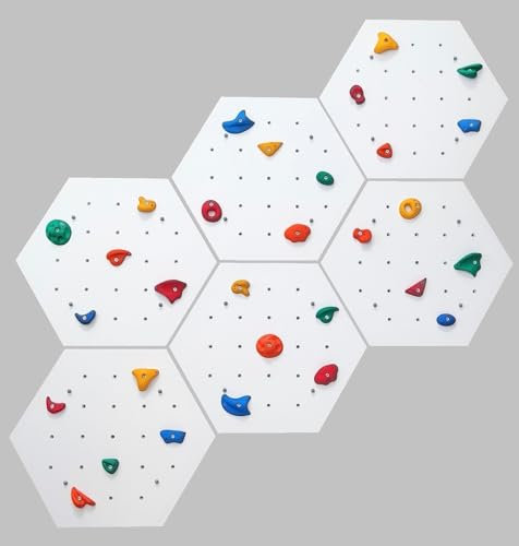 Create for you - Kletterwand für Kinderzimmer - Hexagon - Weiß - Indoor - Heimklettergerüst - Spielplatz - Trainingsgeräte für Zuhause - 6X Wandpaneel 130x225 cm - mit 30 bunten Griffen/Steinen