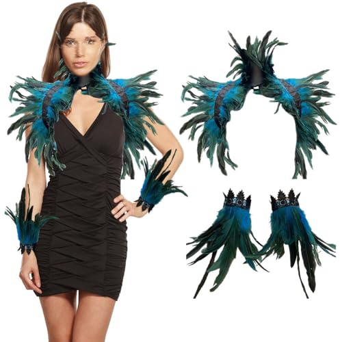 BYNYXI 3er Set Gothic Feder Achselzucken mit Feder Manschette, Damen Federumhang Maleficent Kostüm Feder Umhang Cape Federboa Feder Shrug Schal Schulterumhang für Halloween Cosplay Fasching Kostüm