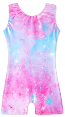 XiaoMoSha Gymnastikanzug für Mädchen, ärmellos, Einteiler, Tanzoutfit für Kinder, Farbverlauf, glitzernder Regenbogen-Turnanzug für kleine Mädchen von 2–10 Jahren, PinkGalaxy, 9-10 Jahre