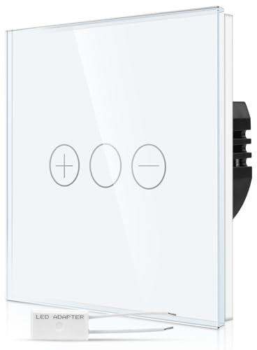 CNBINGO Dimmer Touch Light Switch - White Wall Switch with Glass Panel and Status LED Backlight - Dimmer Switch for Dimmable LED with a free Adapter - 1 Gang - 3 Buttons
