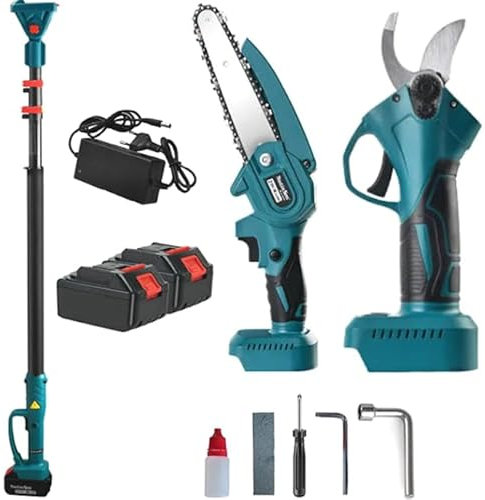 Kit Set per Potatura a Batteria, con Cesoie Forbici e Mini Motosega da 6 Pollici con pompa olio, con Asta Telescopica da 208 cm, Potatura Giardino Rami Arbusti Vigneto - Guanti e Occhialini
