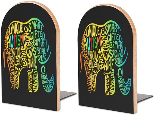 Buchstützen aus Holz, Autismus, Elefant, Buchstützen, Buchständer, Halter, Bücherregal-Enden für Zuhause, Büro, Arbeitszimmer, Dekoration
