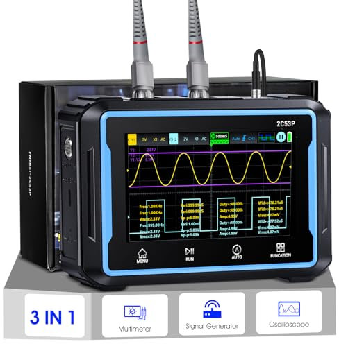 H HOLDPEAK Hand Oszilloskop Multimeter Signalgenerator 3 in 1, 2 Kanäle 50 MHz Bandbreite 250MSa/s Abtastrate Tragbares digitales Oszilloskop, 19999 Zählungen Multimeter mit 4.3″ Touch Screen