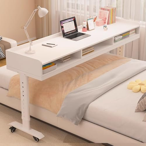 Betttisch höhenverstellbar mit Rollen Hergestellt aus verdicktem Stahlrahmen und Massivholz, pflegetisch mit Schublade, Überbetttisch(White,120 * 40cm)