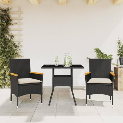Homgoday Set da pranzo da giardino 3 pezzi cuscini in rattan sintetico vetro nero, sedia tavolo cucina esterno terrazza patio balcone mobili tipo 1