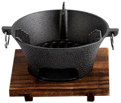 Braciere in ghisa con vassoio in legno e doppio estrattore per orecchie, utensile da cucina per esterni e riscaldatore da patio, stampaggio in un unico pezzo, diametro 19,5 cm
