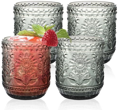 Qudubuy Glass Drinking Tumblers Set of 4-12oz/360ml Vintage Floral Embossed Heavy Duty Glasses for Water, Juice, Beer, Whisky, Cocktails (Grey)