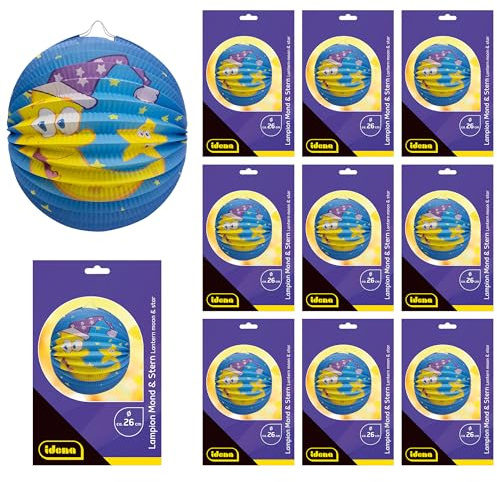 Idena 90285 - Lampion Mond & Stern, 10 Stück, ca. Ø 26 cm, Blaue Papierlaternen mit Sternenhimmelmotiv, Kinder Laterne für Sankt Martin und Lichterfest, Blau