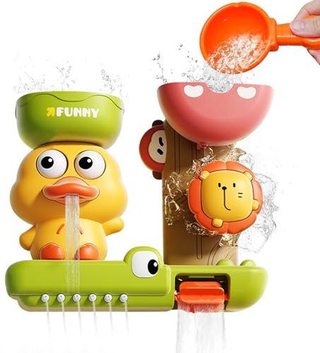 Aischens Juguetes de Baño para Bebe 1 2 3 4 Años, Juguetes Bañera con Cucharón Bebe 6-12 Meses, Juguete de Agua con Ventosas, Juguetes de Ducha de Pato y León, sin BPA, para Niños y Niñas 1-4 Años