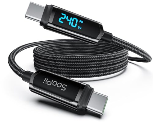 SOOPII 240W Cavo da USB C a USB C con display a LED,Nylon Intrecciato[1.2M] | Cavo di ricarica rapida tipo C per iPhone 17//16Pro/15 Pro Max, Galaxy S25/S24, iPad, Laptop (Nero)