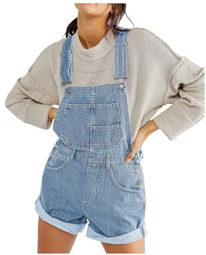 Latzhose Damen Jeans Sommer Kurz Jeanslatzhose Schnallenriemen Verstellbare Riemen Cargo Shorts Jeans Overall Trägerhose Denim mit Taschen Arbeitslatzhose Jumpsuits Gartenhose