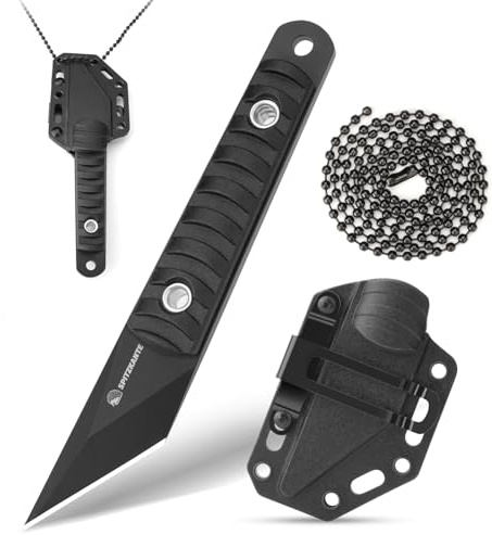 SPITZKANTE Couteau de Cou, lame 5,6 cm, acier 5Cr14MoV, EDC Outdoor, mini couteau tanto neck knife avec fourreau ABS et chaîne à billes, tout noir