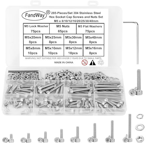FandWay 285Pcs M5 Bolts and Nuts Set,Hex Socket Cap Machine Screws, Allen Screws 304 Stainless Steel,Allen Bolt Nut and Flat & Lock Washers Assortment Kit,Internal Hex Drive Fully Threaded With Key.