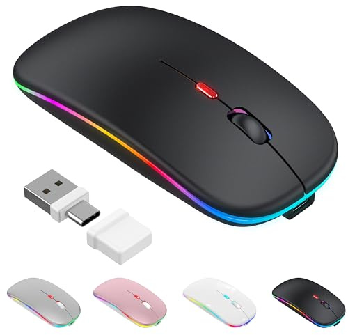 Azmall Mouse wireless con modalità jiggler – Bluetooth 5.2 & 2.4G radio per computer portatile, PC, iOS, Android, iPad e Windows, LED a 7 colori e 1600 DPI ottico (Modalità Jiggler, Nero)