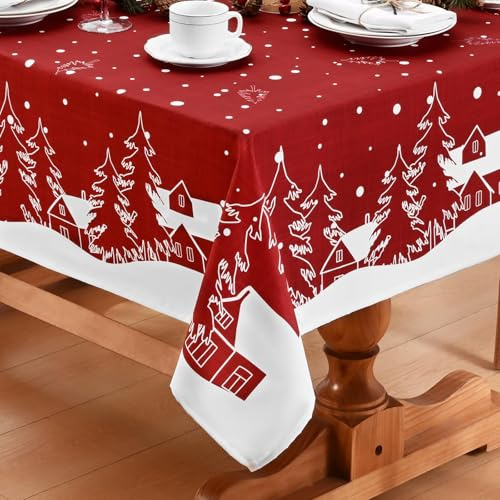 Alishomtll Christmas Red White Tablecloth, Washable Waterproof Wipe Clean Rectangular Table Cloth, Cartoon House Elk Table Cover for Winter Holiday Dinner Decor 55x95in/140x240 cm