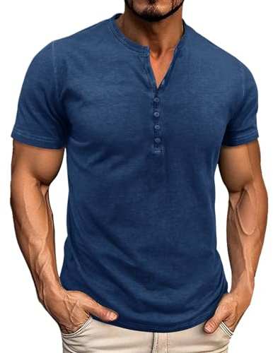 Henley Shirt Uomo Slim Fit, Maglietta Uomo Maniche Corte T-Shirt Collo Rotondo Elastico E Traspirante Con Bottoni Magliette di Cotone Elegante Fitness Attività All'Aperto Top Per Il Tempo Libero