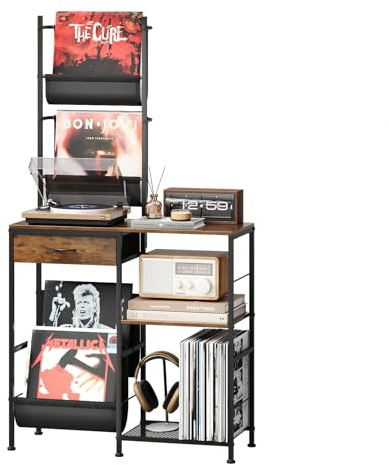 VEDECASA Estantería para discos de vinilo con 1 cajón y 3 estantes, estilo vintage, de madera y metal, para hasta 150 discos de vinilo, soporte LP con estante para tocadiscos, mesa auxiliar para salón