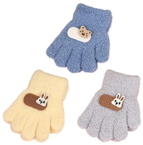 3 Paare Kinderhandschuhe,Kinder Gestrickte Handschuhe Winter Warme Handschuhe für Mädchen Jungen Dehnbare Weiche Fingerhandschuhe,Kinder Stricken Handschuhe Plüschfarbhandschuhe für 1-3 Jahre (Blau)