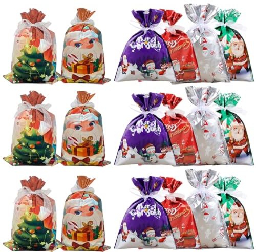 Folie Weihnachten Geschenkbeutel mit Kordelzug, 18 Stk Große Zugbeutel Weihnachten, 6 Weihnachtsdesigns, Merry Christmas Beutel für Festliche Geschenken Verpackung und Dekoration（24*32cm e 29*43cm）