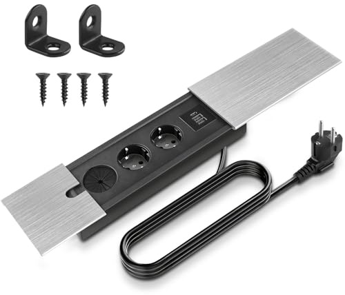 Ciabatta elettrica da incasso a scomparsa, 2 scomparti con USB C e coperchio scorrevole, presa da tavolo, presa da tavolo, presa a scomparsa, per scrivania, cucina, ufficio, divano, tavolo da