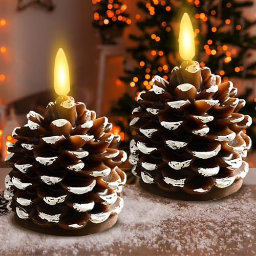LUKIUP 2 Stück Led Flammenlose Tannenzapfen Kerzen Weihnachtsdeko, 3D Tannenzapfen Imitat Flammenlose Kerzen Batteriebetrieben FüR Party Weihnachtsdeko Innen, Tisch Deko