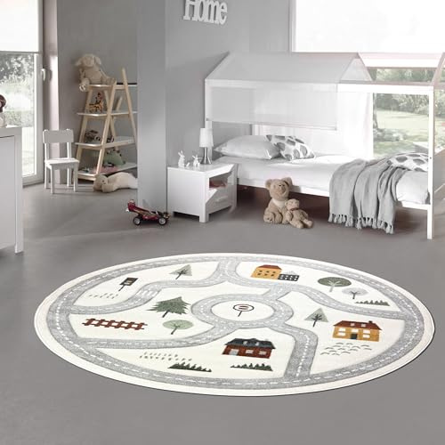 Teppich-Traum Kinderteppich Teppich Kinderzimmer rund Straßenmotiv Stadtplan Straßenteppich weich robust pflegeleicht Spielteppich für Kinderzimmer Spielzimmer Kita Creme Pastell 160 cm Rund