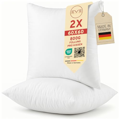 2er Set Kissen 60x60 cm mit Füllung Schlafkissen, Kissenfüllung Füllkissen Polster | Öko-Tex 100 Sofakissen Dekokissen Zierkissen Couchkissen 60° Waschbar | Allergiker | Made in Germany