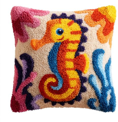 AMBATTERY Point Noué Kit de Taie D'oreiller à Crochet, Hippocampe Kit Coussin au Point Noué pour la Décoration D'oreillers et de Coussins,43x43cm