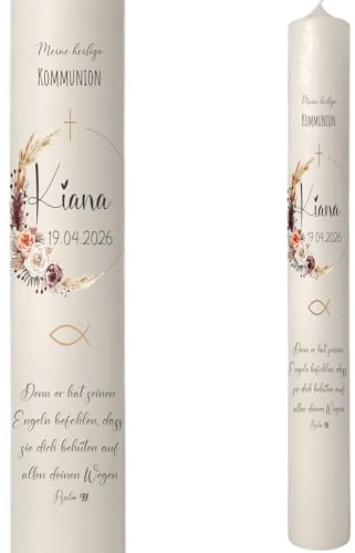 Taufkerze Kommunionkerze Blumenkranz Boho Kiana- Blätter Pastell Blumenkranz Natur für Mädchen | Konfirmationkerze | personalisiert mit Name, Datum & Spruch