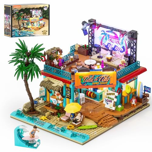Lumibricks Surfshop 20004 - Blocchi di fissaggio con luce, stile hawaiano, spiaggia con palco luminoso da discoteca, regalo per appassionati di surf e mattoncini, 1752 pezzi, 20004