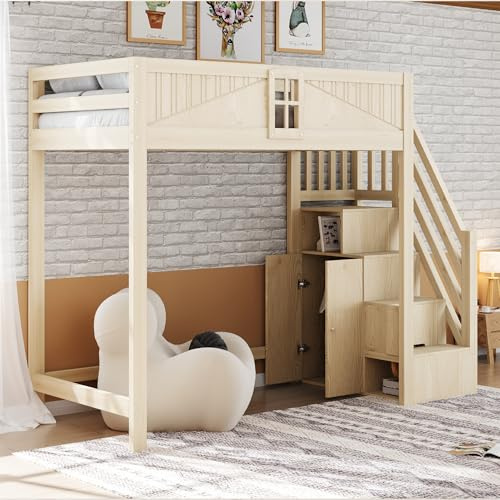 YuQozii Letto a soppalco in legno massello, 90 x 200 cm, porta di sicurezza unica con finestra, scala laterale di sicurezza a sinistra e a destra, intercambiabile, letto multifunzione (colore legno)
