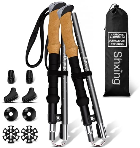 Bâtons de randonnée Pliables (Lot de 2), Carbone 3K et Aluminium 7050, Réglables 110-135 cm, Poignée en Liège + Extension EVA, 35 cm Pliés, pour Randonnée, Voyage et Marche Nordique, Gris