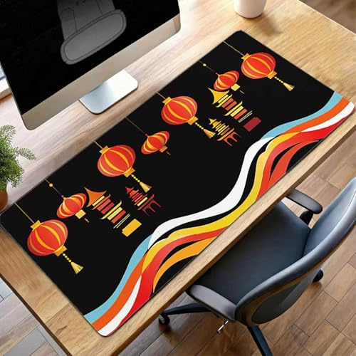 JEPGFOU Mouse Mat, Gaming Mouse Pad Red, 1000x500x3 mm Large Mause Mat Lantern, Non-Slip Rubber Base Accessories, Waterproof, Stitched Edges Mausepad, Improved Precision and Speed PjY2038 0-2