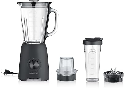 Severin Standmixer, Smoothie Maker, Blender elektrisch, 1,5L, 2 Stufen, Impulsfunktion, spülmaschinengeeignete Teile, Edelstahlmesser, inkl. to go Behälter und Mühlen-Aufsatz, 600W, schwarz, SM 3724